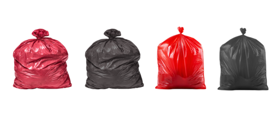 Four colorful garbage bags for waste management use on transparent background