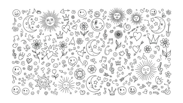 Joyful Doodles: A playful collection of hand-drawn doodles, stars, suns, moons, hearts, crowns, and smiley faces dance together, evoking happiness and whimsical wonder.