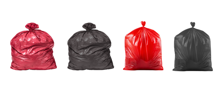 Four colorful garbage bags for waste management use on transparent background