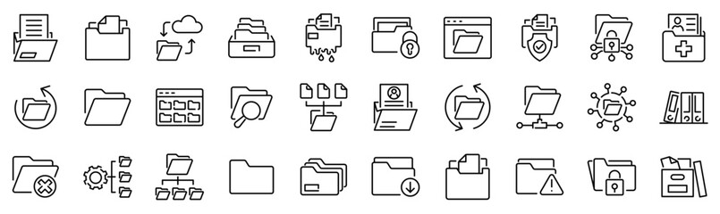 Set of 30 outline icons related to folder. Linear icon collection. Editable stroke. Vector illustration