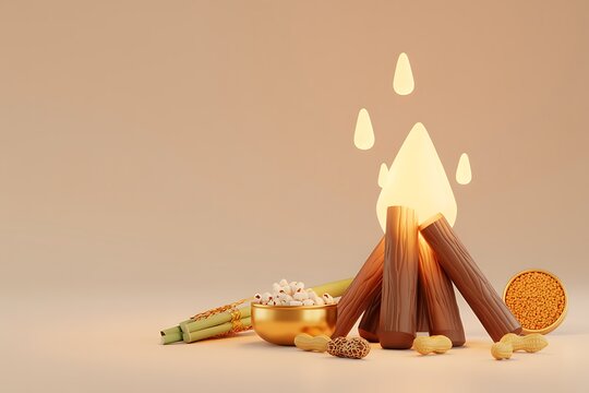 Minimalist 3D Illustration of Lohri Bonfire, Sugarcane Stalks, Popcorn and Sesame Seed Sweets (Rewari) for Indian Harvest Festival Banner.