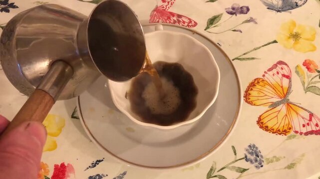 hot freshly brewed black turkish coffee in a cup