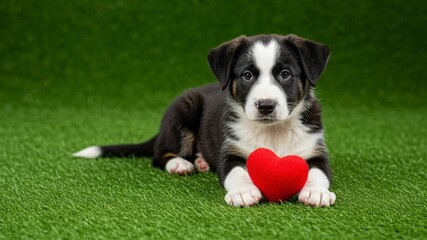 Adorable puppy with black, white, and brown fur, cuddled with a red heart on green grass - Powered by Adobe
