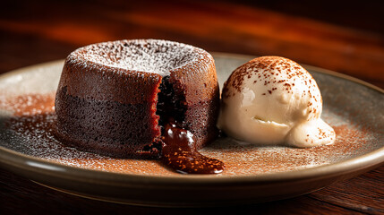 A decadent chocolate lava cake with a perfectly molten center, beautifully plated and topped with a scoop of creamy vanilla ice cream and a dusting of cocoa powder