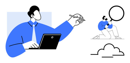 Businessperson working on laptop while holding a pen, accompanied by a smaller figure examining details with magnifier. Ideal for brainstorming, analysis, growth, planning, focus, problem-solving