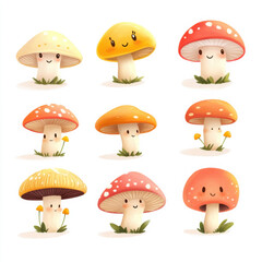 Cute mushrooms cartoon isolated on white background.