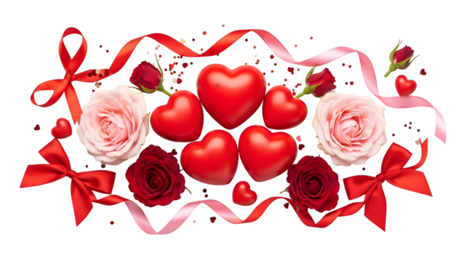 Valentine's Day Hearts and Roses, isolated on transparent background