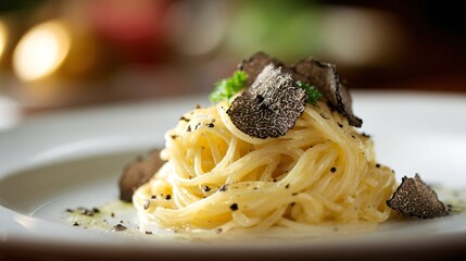 A spaghetti portion with truffle garnish, elegant plating, empty space