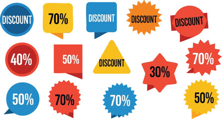 Collection of Discount Labels and Stickers with Percentages for Marketing Promotions