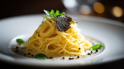 A spaghetti portion with truffle garnish, elegant plating, empty space