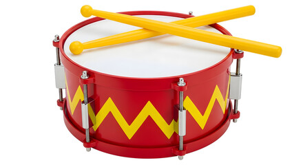 Red toy drum with yellow zigzag pattern and yellow drumsticks isolated on a transparent background image