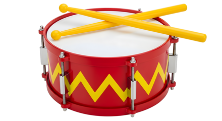 Red toy drum with yellow zigzag pattern and yellow drumsticks isolated on a transparent background image