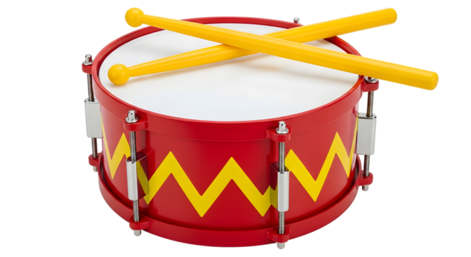 Red toy drum with yellow zigzag pattern and yellow drumsticks isolated on a transparent background image