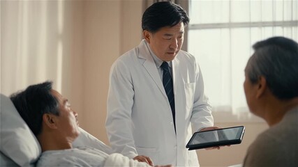 Asian doctor consulting with patient and family using digital tablet in hospital room - Powered by Adobe