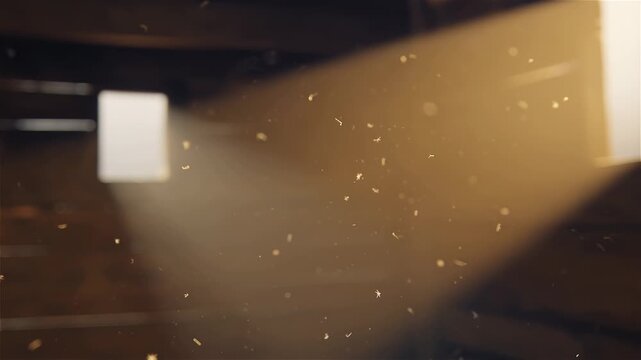 Cinematic dust particles floating in golden sunlight beam through window in atmospheric interior space