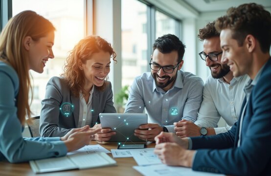 Group of business people work together in modern office. Team members discuss project using tablet. Diverse team collaborates on work task with a smile and happy expression.