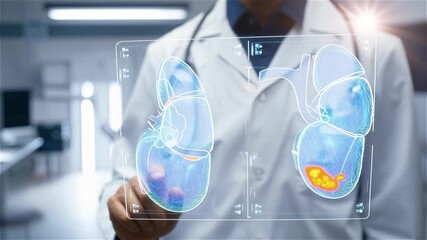 Doctor analyzing futuristic holographic kidney medical scan with augmented reality technology in modern hospital laboratory - Powered by Adobe