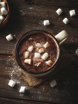 Warm cup of hot chocolate topped with marshmallows on a rustic table, video shoot