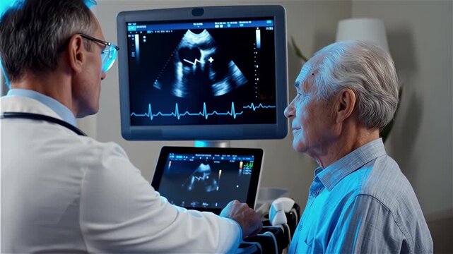 Doctor explaining ultrasound echocardiogram results to elderly caucasian patient during cardiac examination with heart monitor displays