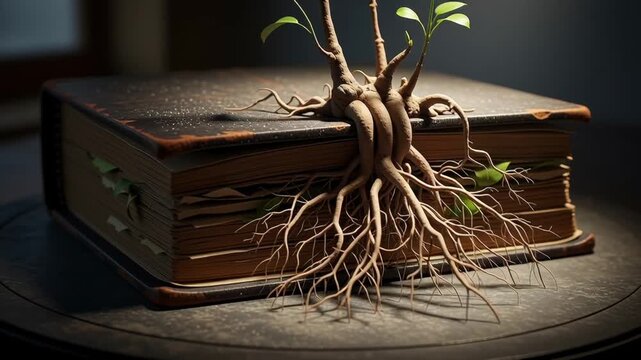 A thick, aged book sprouting roots and small green leaves, symbolizing growth and knowledge intertwined