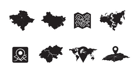 Collection of black and white vector illustrations of different maps and icons