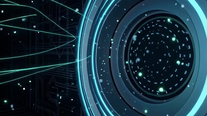 A futuristic 3D digital scene with glowing cubes and a swirling tunnel, all in shades of blue and green - Powered by Adobe