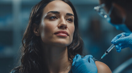 Woman receiving a vaccination in a healthcare setting