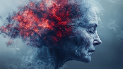 An elderly figure's head is captured in profile, with their mind dissolving into fiery energy. This abstract, evocative image represents memory loss, aging and the frailty of human existence.