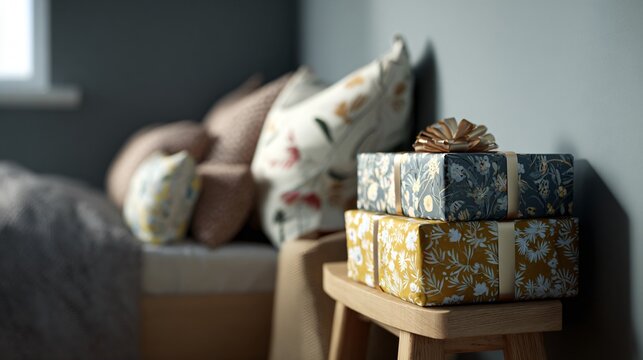 A cozy bedroom corner with simple wrapped gifts on stool