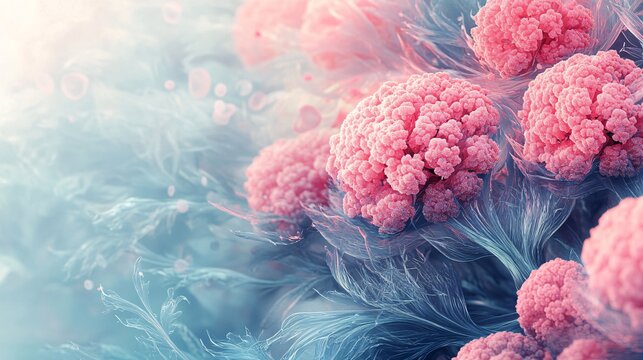 Intricate abstract rendering showcases cellular structures with delicate pink hues on organic textures against a soft blue backdrop, ideal for conceptual illustrations and backgrounds.