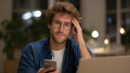 A freelancer in a cozy home office reacting to a meeting reminder on their productivity app while adjusting their workspace — independent workflow management, digital scheduling tools, and modern