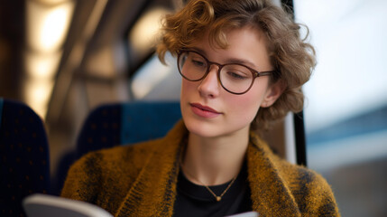 A passenger reading or working on a laptop inside a comfortable train cabin, symbolizing digital mobility, convenience, and productivity during travel. cinematic color correction, natural uneven