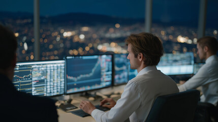 A financial trading team analyzing global markets overnight, multiple monitors showing live indices and currency movement — international finance workflow, round-the-clock market monitoring, and
