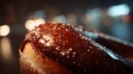 Gourmet donut with glaze and sprinkles: A close-up shot showcasing the delectable allure of a fresh, artisan donut, lavishly glazed and delicately sprinkled with toppings, against a blurred backdrop