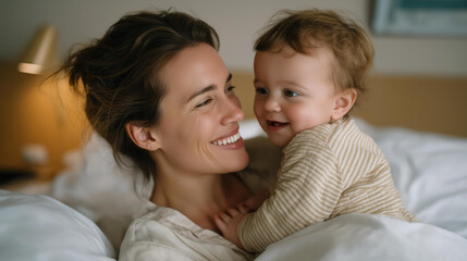 Young mother laughing as her baby reaches for her face, tiny hands touching her cheeks with wonder and trust — a heartwarming scene filled with connection, innocence, and the pure joy of early