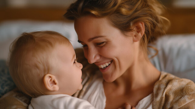 Young mother laughing as her baby reaches for her face, tiny hands touching her cheeks with wonder and trust — a heartwarming scene filled with connection, innocence, and the pure joy of early