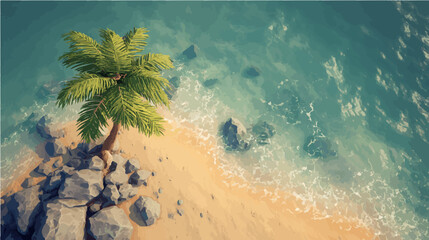 Sandy tropical beach with rocks from aerial view illustration