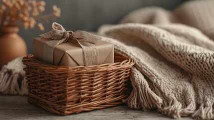 Obraz premium A cozy scene with basket of presents, beige wool blanket nearby