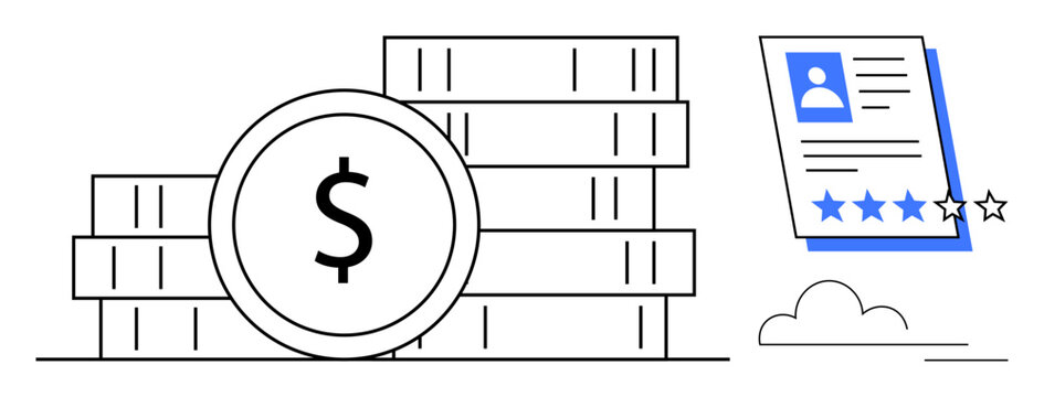 Stacked coins with dollar sign representing rewards or financial gains, alongside an employee evaluation document with star ratings. Ideal for salary, appraisal, finance, HR, teamwork, success