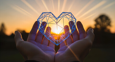 Hands Holding Glowing Digital Wireframe Heart Sunset