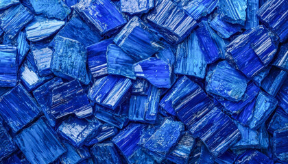 A full-frame background texture of sharp, jagged fragments of dark blue glass. Reflective shards are stacked together, showcasing a variety of light and color.