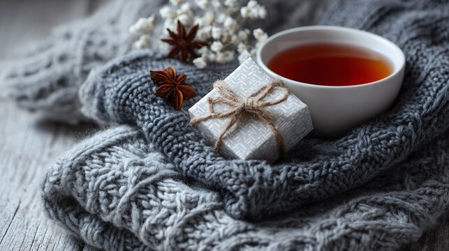 A cozy winter flat lay, wool texture and tea with small gift