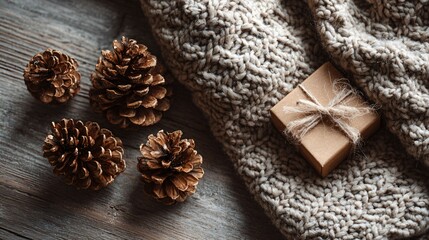 Fototapeta premium A cozy winter flat lay, wool texture, pinecones, and one gift box