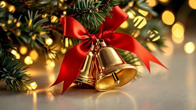 Christmas decoration with jingle bells, red ribbon, and fir tree branch with sparkling lights