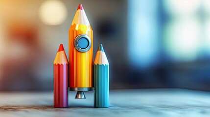 Back-to-school concept--rocket crafted from colorful pencils