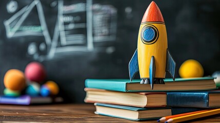 Back-to-school concept with books, pencils, and a sketched rocket 