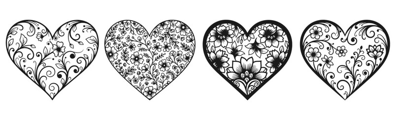 Black and white vector illustration of an abstract ornament pattern with heart shapes, ideal for a Valentine's Day romance card design