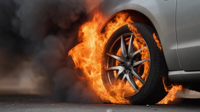 Smoking Car Tire on Fire Due to Malfunction