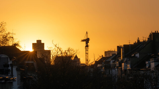 Crane in the Sunset of Duesseldorf Germany in November 2025 - City Developement. High quality photo