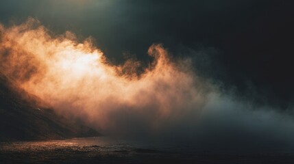 Dramatic Sunset Over Water with Mist and Fog Creating a Mysterious Atmosphere in a Natural Landscape Scene at Dusk